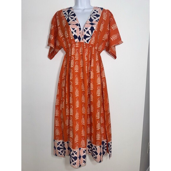 Marea Milla Kaftan Floral Country Midi Dress Peasant Orange V-Neck Women X-Small - Picture 1 of 11